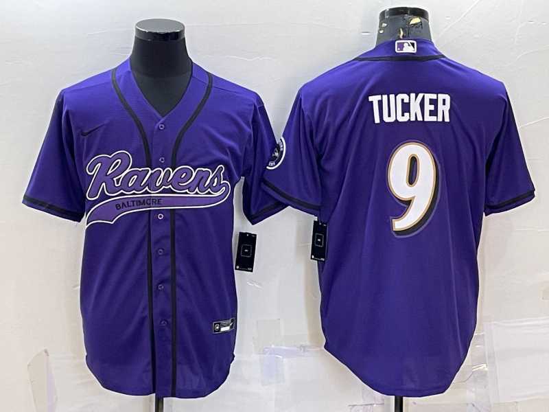 Men%27s Baltimore Ravens #9 Justin Tucker Purple With Patch Cool Base Stitched Baseball Jersey